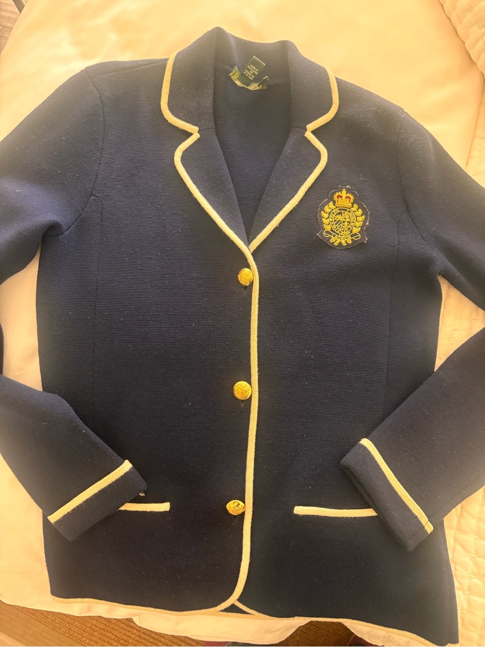Ralph Lauren Crested Navy Blue Knit Blazer with Gold buttons, MEDIUM